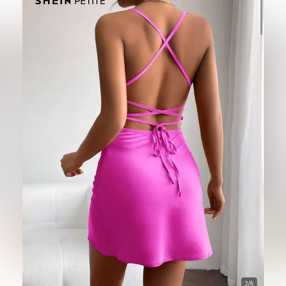 SHEIN Hot Pink Satin Cowl Neck Mini Dress - Picture 2 of 3